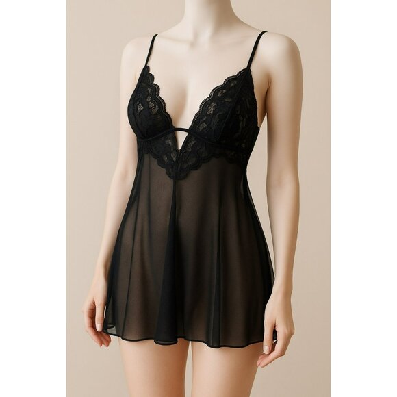 NWT Victorias Secret Black Sheer Lace Babydoll Lingerie With Adjustable Straps S - Picture 1 of 7